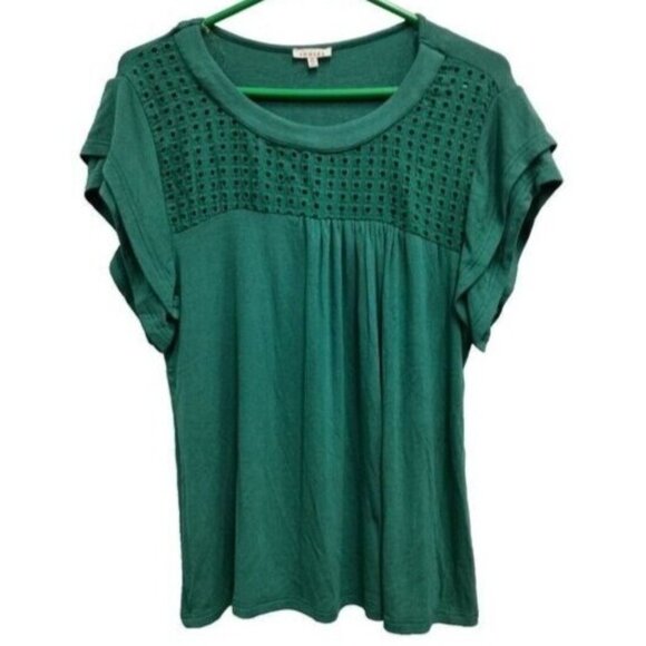 JODIFL Tops - Jodifl Womens BOHO Top Medium Green Eyelet Yoke Tiered Sleeve Ribbed Casual